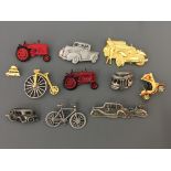 Ten Jonette Jewelry Company vehicle pin brooches, with one pin badge, including cars, tractors,