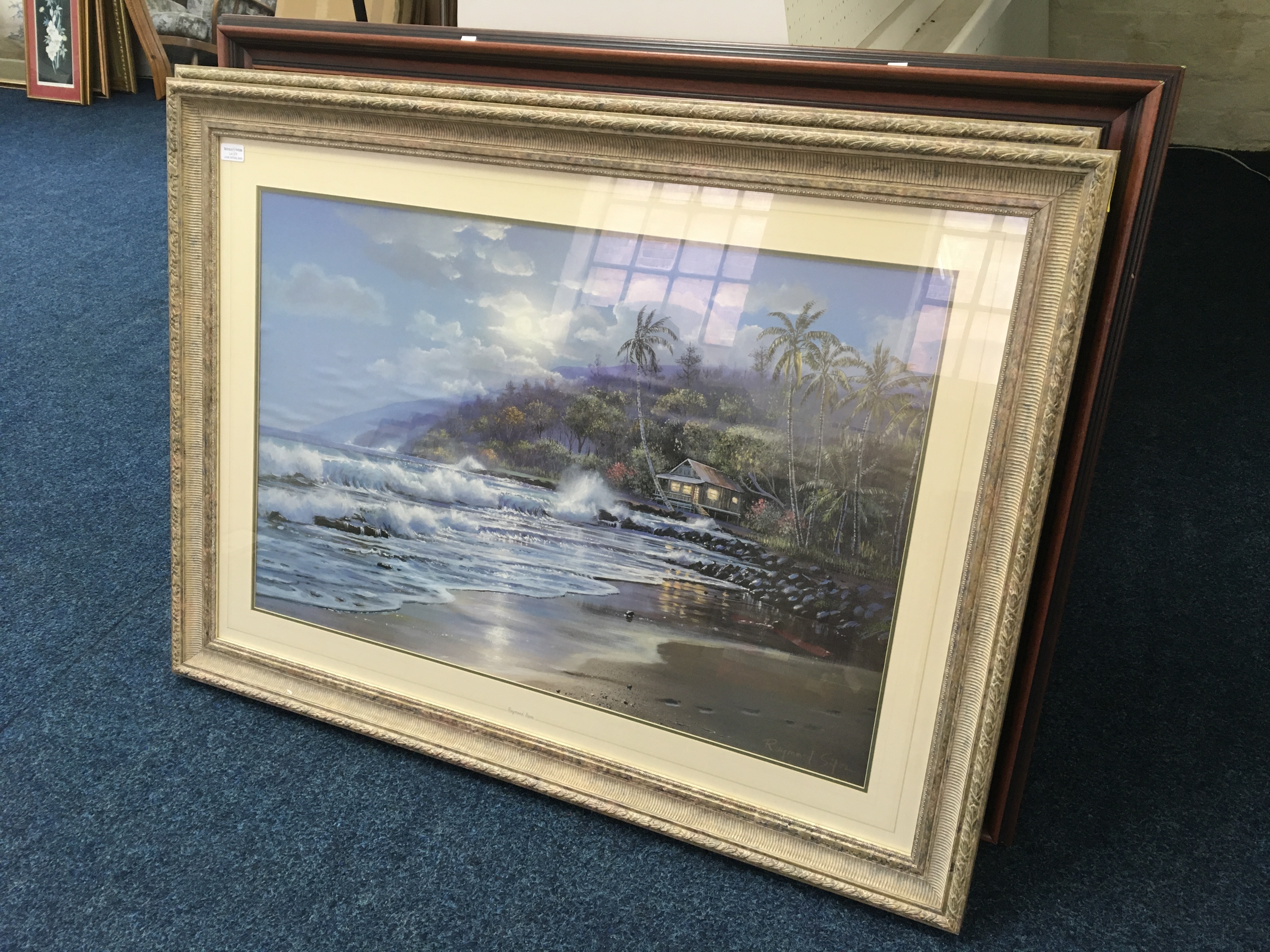 *Five large framed and glazed prints including beach scene, galleon, etc. IMPORTANT: Online