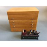 An oak multi drawer jewellery box with a reproduction novelty cat and mouse money box. IMPORTANT: