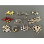 Ten Jonette Jewelry bird pin brooches, with one pin badge, including swallows, ducks, mothers with