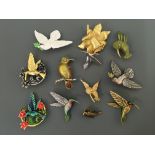 Ten Jonette Jewelry bird pin brooches, with one pin badge, including doves, hummingbirds and birds