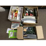 Three boxes of railway items including track, engines, controller, stations and other accessories.