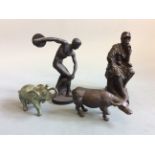Three bronze figurines, discus thrower, elephant, water buffalo and small resin statue of Lorenzo de