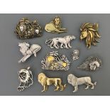 Ten Jonette Jewelry Company lion pin brooches, with one pin badge. IMPORTANT: Online viewing and