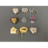 Nine Jonette Jewelry pin badges, including ‘Mom’, ‘wild wacky wonderful woman’, ‘happy sweet 16’,