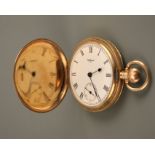 A yellow gold, marked 375, gent's pocket watch, Waltham U.S.A, white dial with hourly Roman numerals