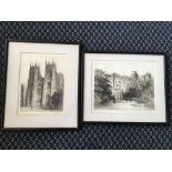 Two framed, signed in pencil etchings, depicting York Minster and Warwick Castle, 22cm x 16cm and