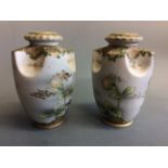 A pair of Noritake vases with green and gold floral design, heights 21cm. IMPORTANT: Online