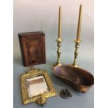 An oak bible box, carved bowl, small gilt framed mirror small candlestick holder and pair of