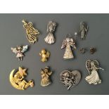 Nine Jonette Jewelry angel pin brooches and three badges. IMPORTANT: Online viewing and bidding