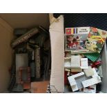 Box containing Tri-ang model railway 4008 engine with track and other parts, together with a box