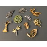 Ten Jonette Jewelry leaf and flower pin brooches. IMPORTANT: Online viewing and bidding only. No