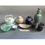 A collection of various items to include two ginger jars, glass bowl, Tea pot, lidded vase, dish,