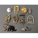 Ten Jonette Jewelry cat pin brooches including picture frame and cat with fish bowl. IMPORTANT: