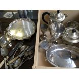 Box containing various silver plate including plate, dish, teapot, cutlery, etc. IMPORTANT: Online