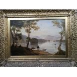 Framed, unsigned oil on canvas, rural scene with cattle and boat in lake and mountains to