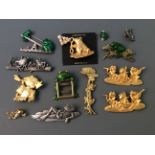 Ten Jonette Jewelry frog pin brooches and three badges. IMPORTANT: Online viewing and bidding