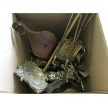 Two boxes of assorted mixed brassware, brass companion set and small cast iron stick stand.