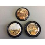 Three framed ceramic pot lids depicting Canalettos ‘The Quay of the Piazetta’, Teniers ‘The