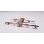 A 9ct yellow gold seed pearl and aquamarine bar brooch, approx. weight 3gms and another bar brooch