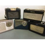 Five radios including blue KB Transistor, two black Roberts, Skymaster and beige Decca Transistor.