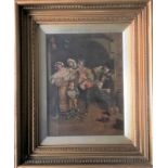 Framed, unsigned, oil on board, tavern scene with group singing, 27cm x 21cm. IMPORTANT: Online