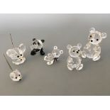 A Swarovski panda bear, teddy bear and two other bears, together with two mice, four boxed.