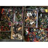 Two boxes of toy figurines including Britain’s Deetail, army, military horses, farmers and