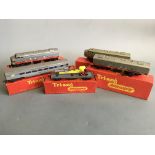 Tri-ang R24 Coach, R216 Rocket Launching Wagon, R58 B.B. Diesel B unit, R55 B-B Diesel Loco and