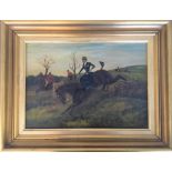 Framed, unsigned oil on canvas, figures fox hunting in rural landscape, 24cm x 34cm. IMPORTANT: