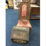 A hand painted leather and studs coal bucket with an oak carved back nursing chair. IMPORTANT: