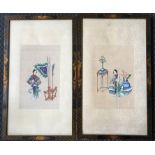 Two framed Chinese paintings on rice paper, depicting male warrior and female playing instrument,