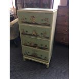 A four drawer Oriental decorated green four drawer chest. IMPORTANT: Online viewing and bidding