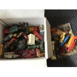 Box containing various model vehicles including Dinky and Corgi, buses, military vehicles,