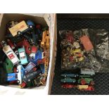 Box containing various model vehicles including Corgi and Dinky racing cars, tractors, vans,