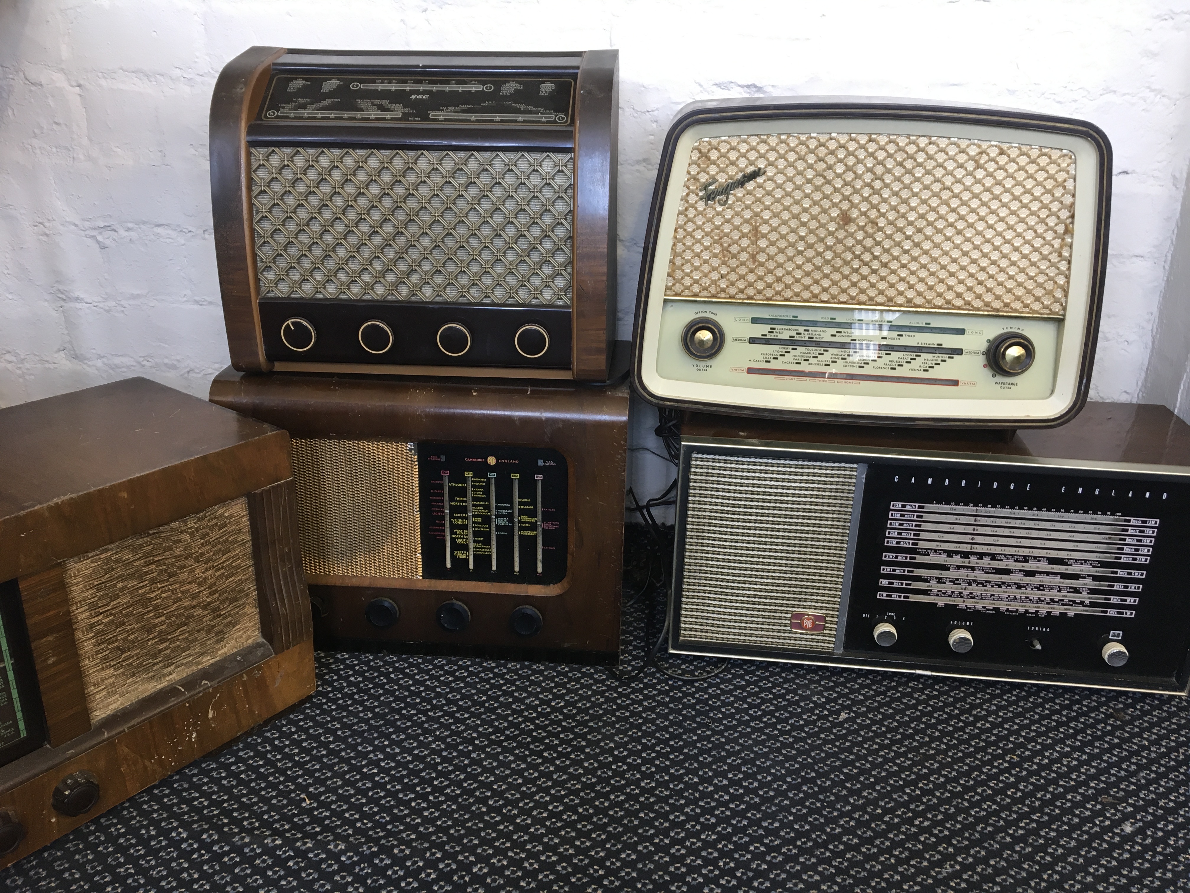 Five radios, including a Ferguson Thorn 382U, G.E.C. BC5445, PYE Cambridge 1101A, PYE Cambridge