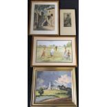 Four framed pictures to include oil on board depicting church in rural setting, F. Robson etching of