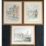 JOHN THORNE. Three framed, one signed watercolour on paper, Venice canal scenes, 30cm x 22cm (x2)