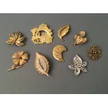 Nine Jonette Jewelry leaf and flower pin brooches. IMPORTANT: Online viewing and bidding only. No in