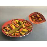 Poole Pottery charger in red orange and green, diameter 41cm, with Poole Pottery dish in orange, Red