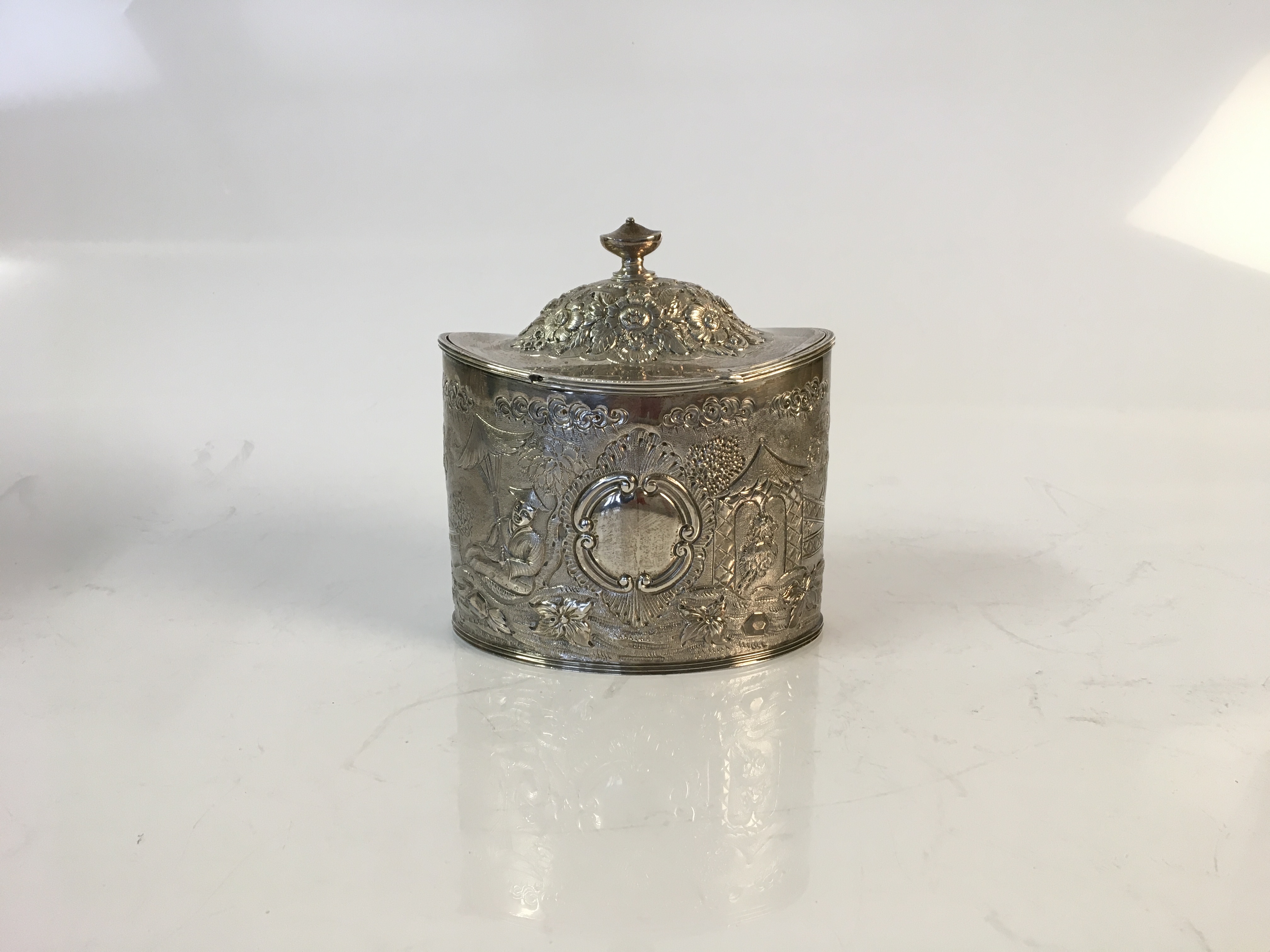 A George III silver oval tea caddy with stylised Chinese decoration marks for London 1798 - Image 2 of 2