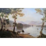 Framed, unsigned oil on canvas, rural scene with cattle and boat in lake and mountains to