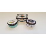 Three hand painted enamel pill boxes