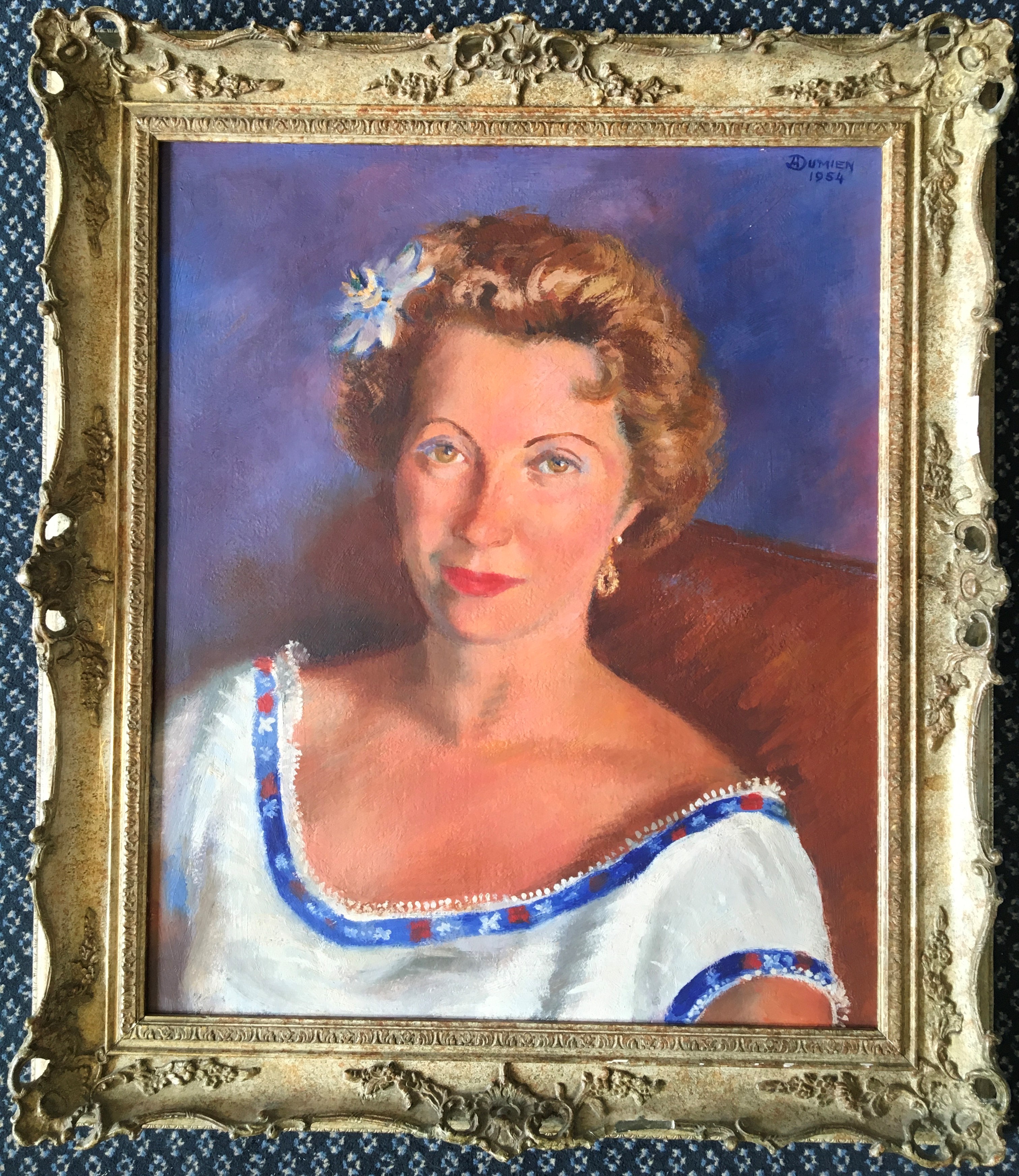 HENRI DUMIEN. Framed, signed and dated 1954, portrait of seated female with flower in hair, 54cm x - Image 4 of 4