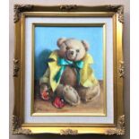 DEBORAH JONES. Framed, signed to base left, oil on canvas, teddy bear wearing yellow coat and