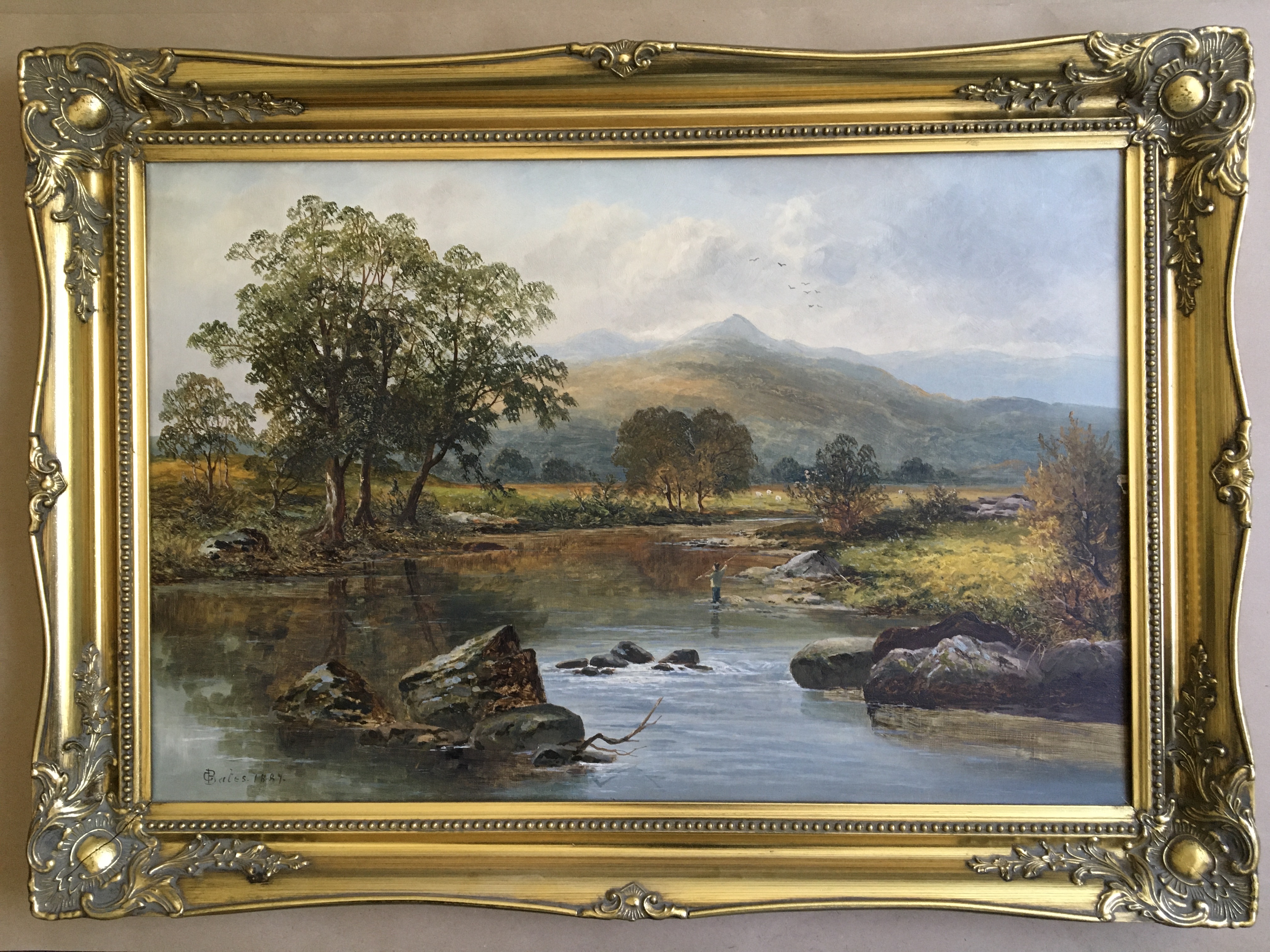 C. BATES. Framed, signed to base left and dated 1887, oil on canvas, man fishing in river with