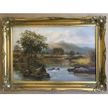 C. BATES. Framed, signed to base left and dated 1887, oil on canvas, man fishing in river with