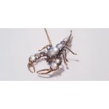 A moonstone Scorpian style brooch with safety chain and pin, yellow metal. On line viewing and