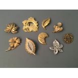 Nine Jonette Jewelry leaf and flower pin brooches. On line viewing and bidding only. No in person