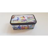 A hand painted enamel pill box with figures by ships to top